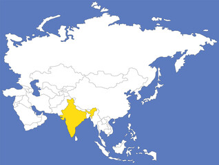 Obraz premium Highlighted yellow map of INDIA inside white political map of Asia using orthographic projection on dark blue background
