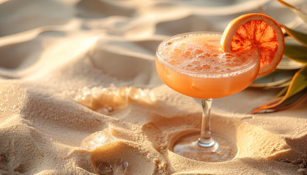 refreshing citrus cocktail on beach sand with vibrant sunset and orange slice, summer baverage 