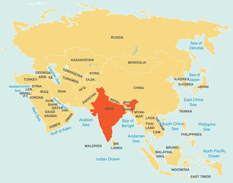 Highlighted red map of INDIA inside orange detailed tagged map of Asia using orthographic projection on blue background
