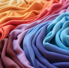 Pila de camisetas dobladas de colores.Primer plano de una prenda de moda con los colores del arco iris. Fondo de diferentes prendas de colores, muestrario de telas abstracto.