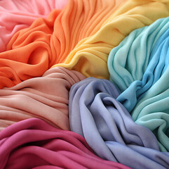 Pila de camisetas dobladas de colores.Primer plano de una prenda de moda con los colores del arco...