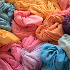 Pila de camisetas dobladas de colores.Primer plano de una prenda de moda con los colores del arco...