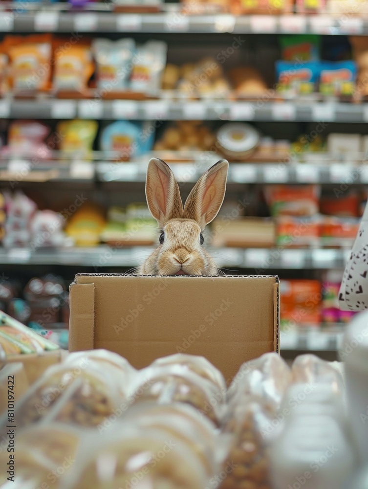 Poster a rabbit peeking out of a cardboard box in front of shelves. generative ai.
