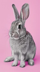 Fototapeta premium A gray rabbit sitting on a pink background with white fur. Generative AI.