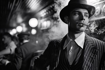 From the Roaring Twenties, a dapper man in a pinstripe suit and fedora, smoking a cigarette in a jazz-filled speakeasy, surrounded by flappers and gangsters