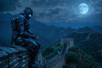 Fototapeta premium From centuries ahead, a being in futuristic battle armor materializes in ancient China, amidst the Great Wall and terraced rice fields, under the gaze of the full moon
