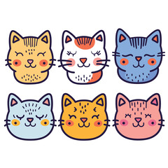 Six cute cartoon cat faces, colorful collection, smiling expressions. Various cat breeds represented, simple flat design, friendly feline set. Pastel colors, adorable pet illustration, isolated