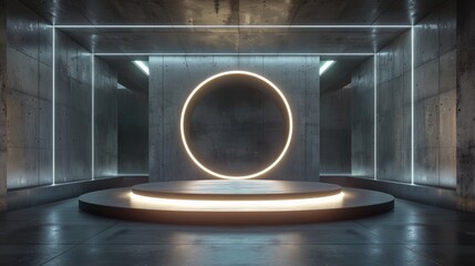 A conceptual 3D rendering of a garage featuring a circular podium in the center, highlighted by dramatic lighting effects