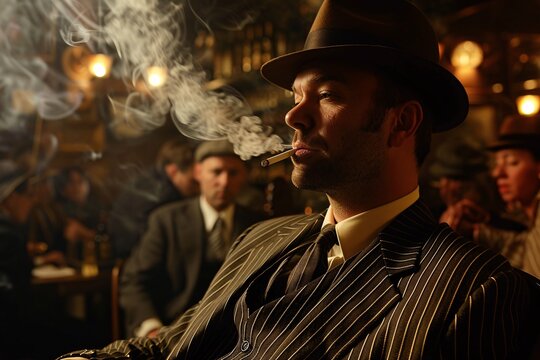From the Roaring Twenties, a dapper man in a pinstripe suit and fedora, smoking a cigarette in a jazz-filled speakeasy, surrounded by flappers and gangsters