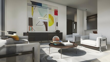 sleek and modern living room with clean lines, minimalistic furniture, and a pop of color from a statement piece of artwork