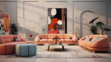 Design a postmodern living room with abstract art and unconventional furniture shapes