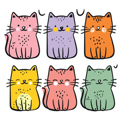 Six colorful cute cartoon cats various expressions. Cats sitting simple outlines, whiskers, designed creative colors. Kawaii style cute cats, happy, content, winking, kids, cheerful designs