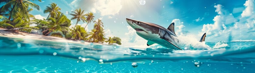 Amazing of an apex predator, a shark stylishly outfitted in sleek swimwear, demonstrating surfing skills at a tropical beach, portrait, Sharpen banner hitech styles with copy space