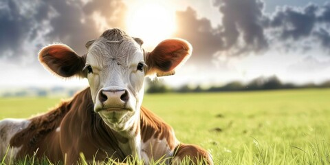 A cow laying down in a field of grass with clouds behind it. AI. - Powered by Adobe