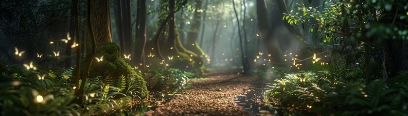 An ancient forest path, illuminated by fiberoptic fireflies, leads to a hidden glade with a digital nature reserve