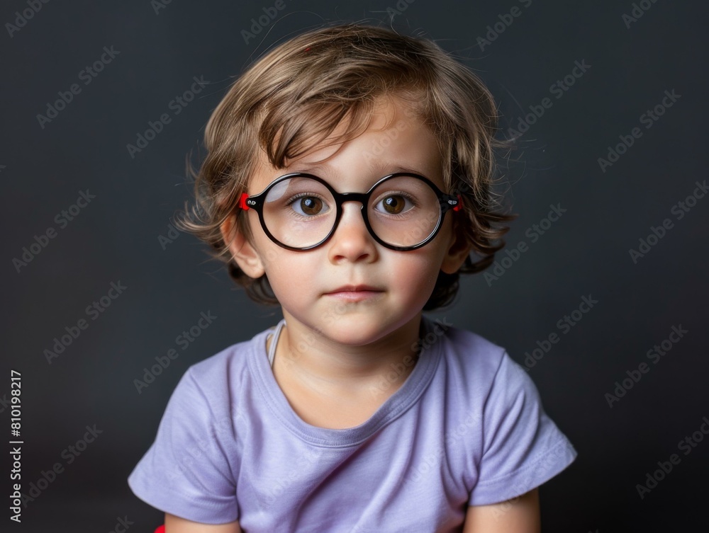 Wall mural A little boy wearing glasses sitting on a red chair. AI.