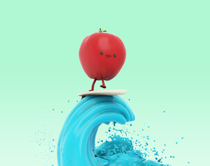 3D illustration of a cute apple surfing a wave 