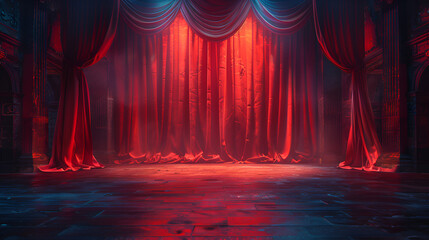  Empty Theater Stage with Red Curtains,
Red Stage Curtain Opening for Theater Show Dramatic Theatre Presentation on Colorful Background
