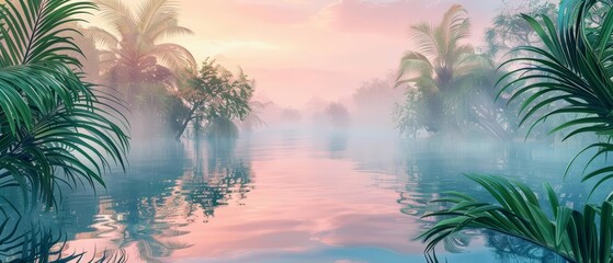 Obraz premium Creative amazing view of Oasis, where water is a mirror to the sky, shown in classic styles color, banner sharpen with copy space