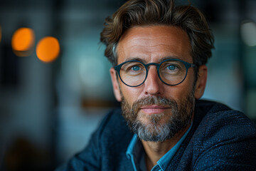 A headshot showcasing the intelligence and analytical skills of a savvy entrepreneur. Concept of strategic decision-making in business. Generative Ai.