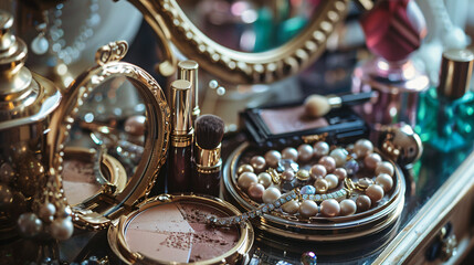 Makeup cosmetics with jewelry on dressing table