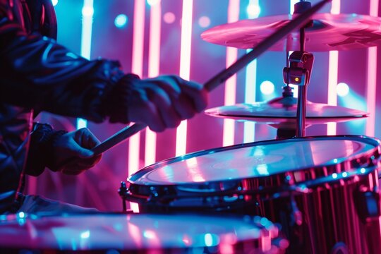 A close-up of a man drumming on a set of modern electronic drums, surrounded by a futuristic neon-lit stage, his movements synchronized with the pulsating beats of electronic music