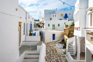 Square with church and traditional Greek style houses in Kastro village, Sifnos, Cyclades Islands,...
