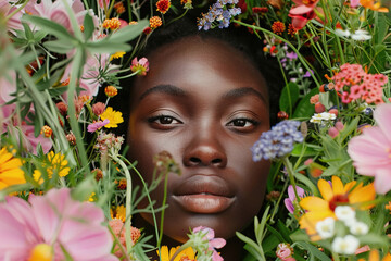 Beautiful black woman surrounded with flowers