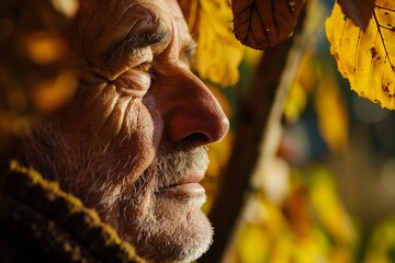 An intimate shot capturing the serene expression of a man, his face framed by the soft light filtering through autumn leaves, conveying a sense of peace and harmony