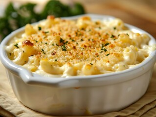Experience the comfort of a homemade Mac and Cheese, displayed in a proper nutrition banner, promoting a comforting yet healthy meal