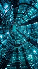 Abstract, vertical perspective of a cybernetic tunnel resembling a high-tech server room