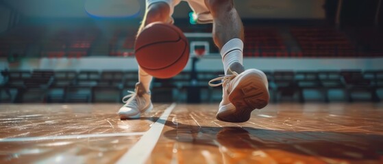 Fototapeta premium Featuring a closeup of a basketball player dribbling on an indoor court, the image underscores the dynamics of precision and skill