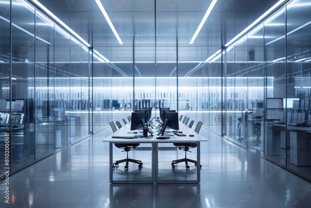 Poster a large open office space with rows of desks and chairs