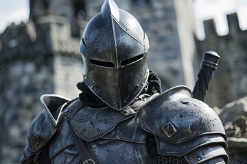 Fototapeta premium A voyager from the future, garbed in futuristic battle armor, arrives in the medieval age, amidst siege warfare and castle battlements, ready to alter the course of history