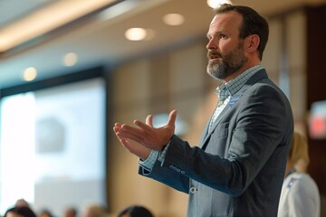 A professional man giving a presentation at a conference