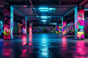 abstract underground parking with vibrant graffiti art pop art background 3d illustration