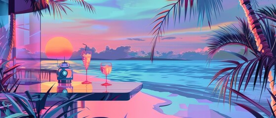 Futuristic illustration Pop art color of a tropical beach where robots serve drinks, imagined in cyber color, banner sharpen with copy space