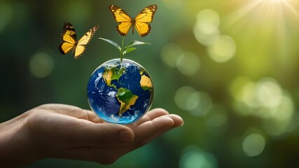 On a green, sunny background, there is a flying yellow butterfly, a growing tree in the human hand, and an earthly crystal glass globe ball. preserving the ecosystem, a clean earth, and the ecological