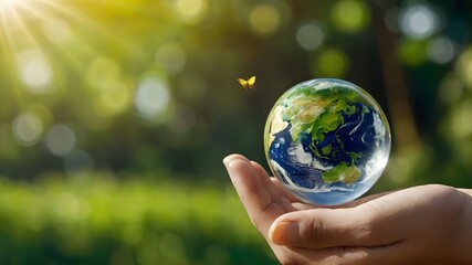 On a green, sunny background, there is a flying yellow butterfly, a growing tree in the human hand, and an earthly crystal glass globe ball. preserving the ecosystem, a clean earth, and the ecological