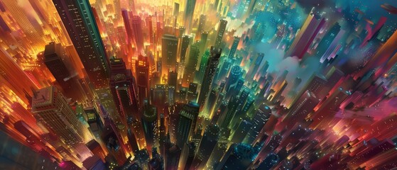 Imagine a city where buildings dance to celebrate holidays, a lively urban fantasy rendered in an abstract expressionist style, perfect for an illustration template