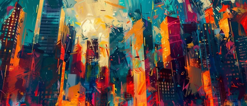 Imagine a city where buildings dance to celebrate holidays, a lively urban fantasy rendered in an abstract expressionist style, perfect for an illustration template