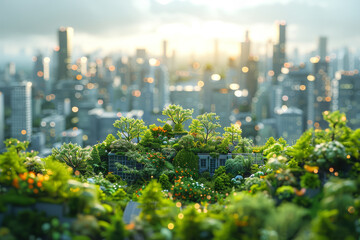 A minimalist illustration of a green city skyline with rooftop gardens and solar panels, symbolizing sustainable urban development. Generative Ai.