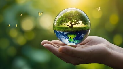 On a green, sunny background, there is a flying yellow butterfly, a growing tree in the human hand, and an earthly crystal glass globe ball. preserving the ecosystem, a clean earth, and the ecological