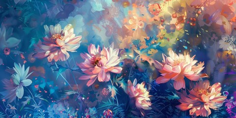 Fototapeta na wymiar Picture a world where flowers whistle classical tunes when blooming, an enchanting spectacle presented in an impressionistic style, ideal for a banner template