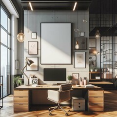 Blank wall art frame hanging on the wall of a modern office, mock up, modern home, modern decor, mockup, 