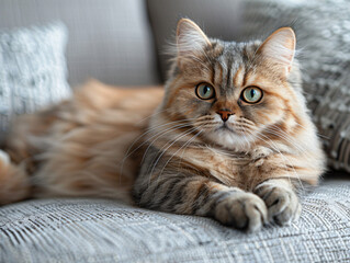 Fototapeta na wymiar Brown Persian Cat relacing on gray couch