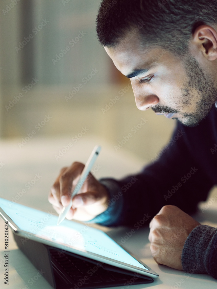 Aufkleber designer man, sketch and tablet in office for work in creative industry as web developer for agency.