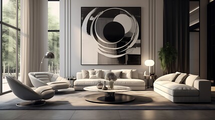 Devise an ultra-modern living room with monochromatic tones and avant-garde furniture