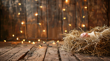 Manger with baby and hay on wooden background. Concept