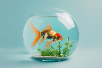 A detailed shot of a circular fish aquarium featuring a lively goldfish, set against a plain pastel background, capturing the serenity of underwater life